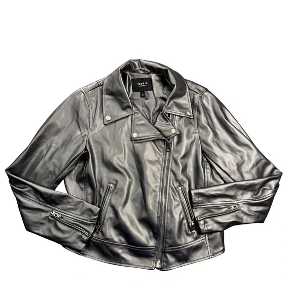 Torrid Plus Size 0X Metallic Faux Leather Moto Biker Jacket Silver Gray - Picture 6 of 11
